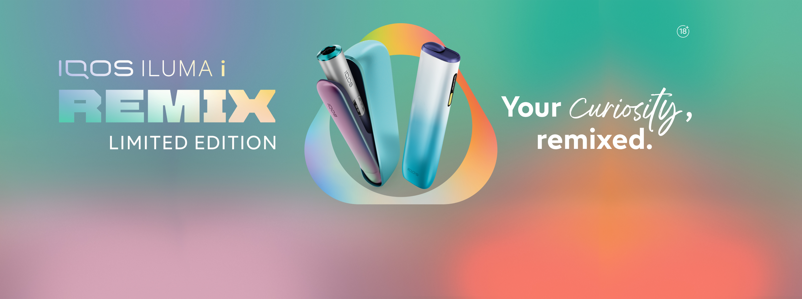 IQOS ILUMA i REMIX Limited Edition heated tobacco devices in colorful metallic finishes on a vibrant gradient background.